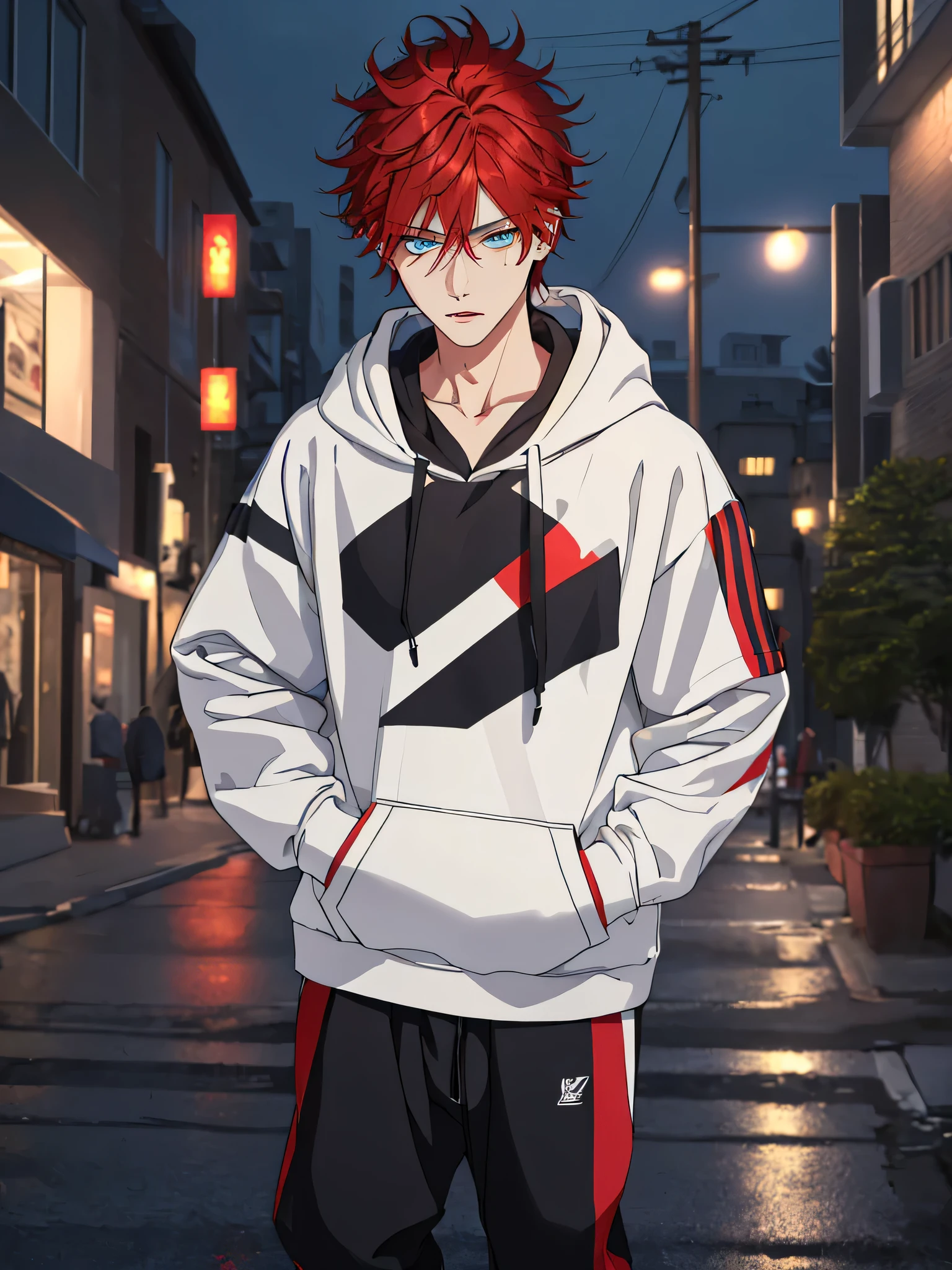 ((highest quality, masterpiece, 4k, finely detailed, detailed eyes, detailed face, dynamic lighting)), standing on sidewalk and leaning against a wall, ((solo)), 1 male, handsome, broad shoulders, cigarette in mouth, looking at viewer ((sharp eyes, half-lidded eyes. blue eye color)), ((red hair, messy hair), wearing modern streetwear: hoodie, sweatpants, sneakers, city at night in the background