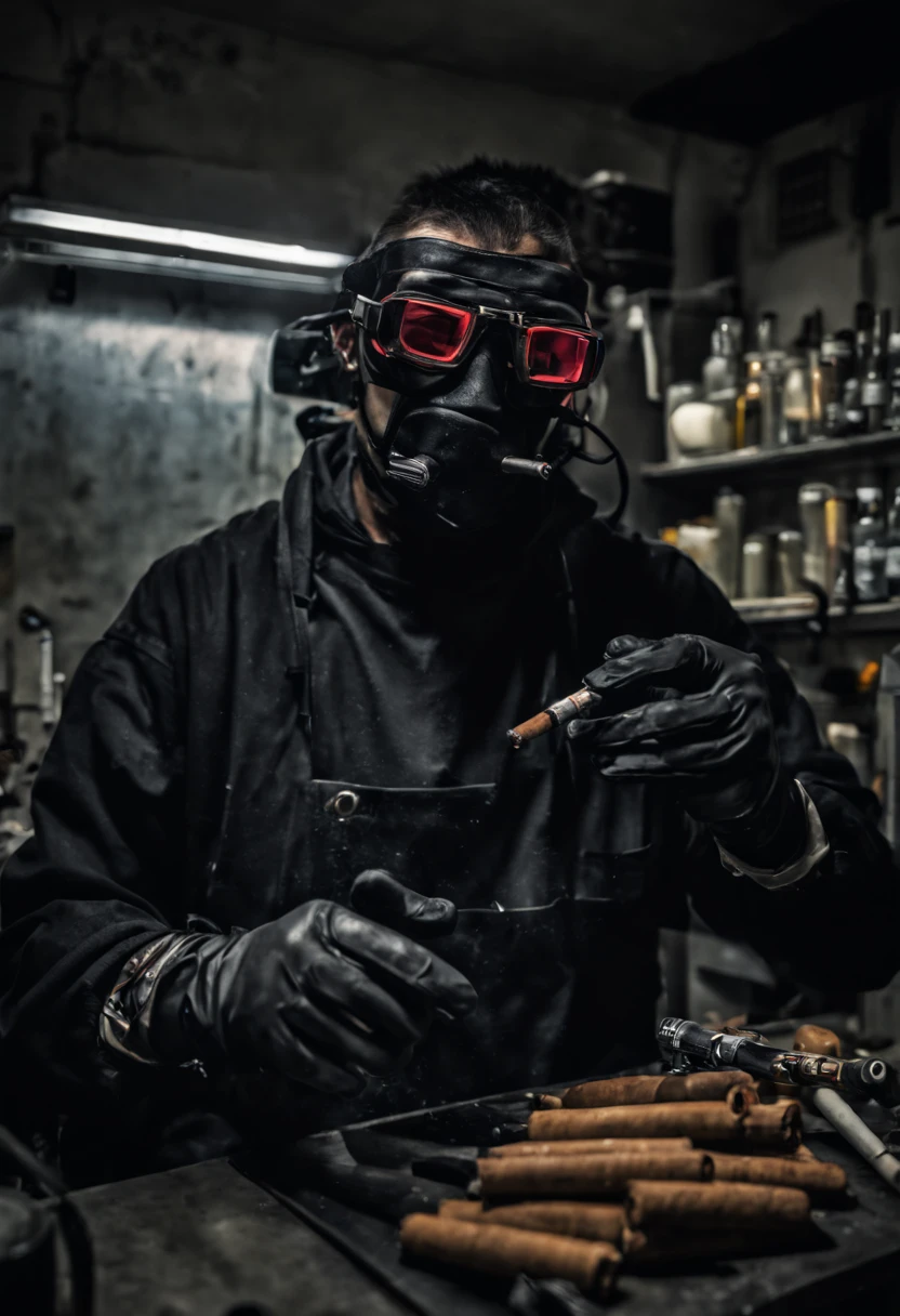 . RAW, wide angle, Un hombre en un laboratorio oscuro de pie mirando hacia arriba, con guantes negros y un cigarro en la boca, llegado del futuro lleva gafas., Piel negra rojiza, laboratorio, Hardware, Entorno luminoso, neon, ((cyberpunked)) HOMBRE JOVEN, HERMOSO GANSTER,