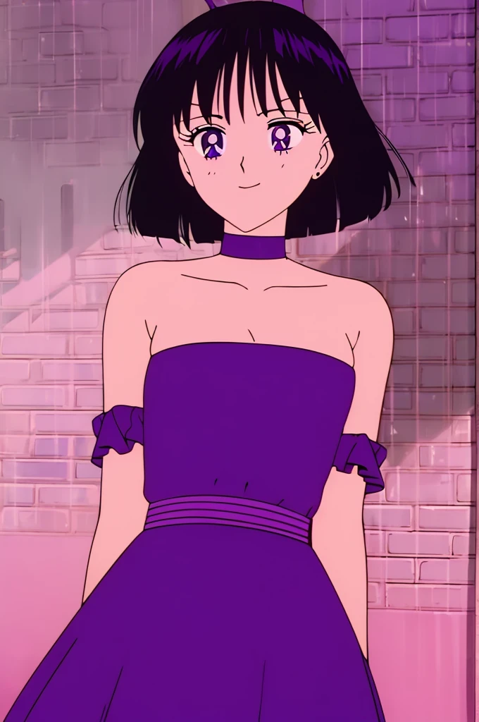 Hotaru_Tomoe, 1 girl, solo, Best quality, masterpiece, Teenager, Purple Eyes, Black Hair, Bob Hair, Bob Haircut, Smile Bare Neck, Bare Arms, Bare Shoulders, Ruffle Off-the-Shoulder Top, purple Strapless Dress, purple Dress, Long maxi dress, Colorful Abstract Brickwall Background, standing ,