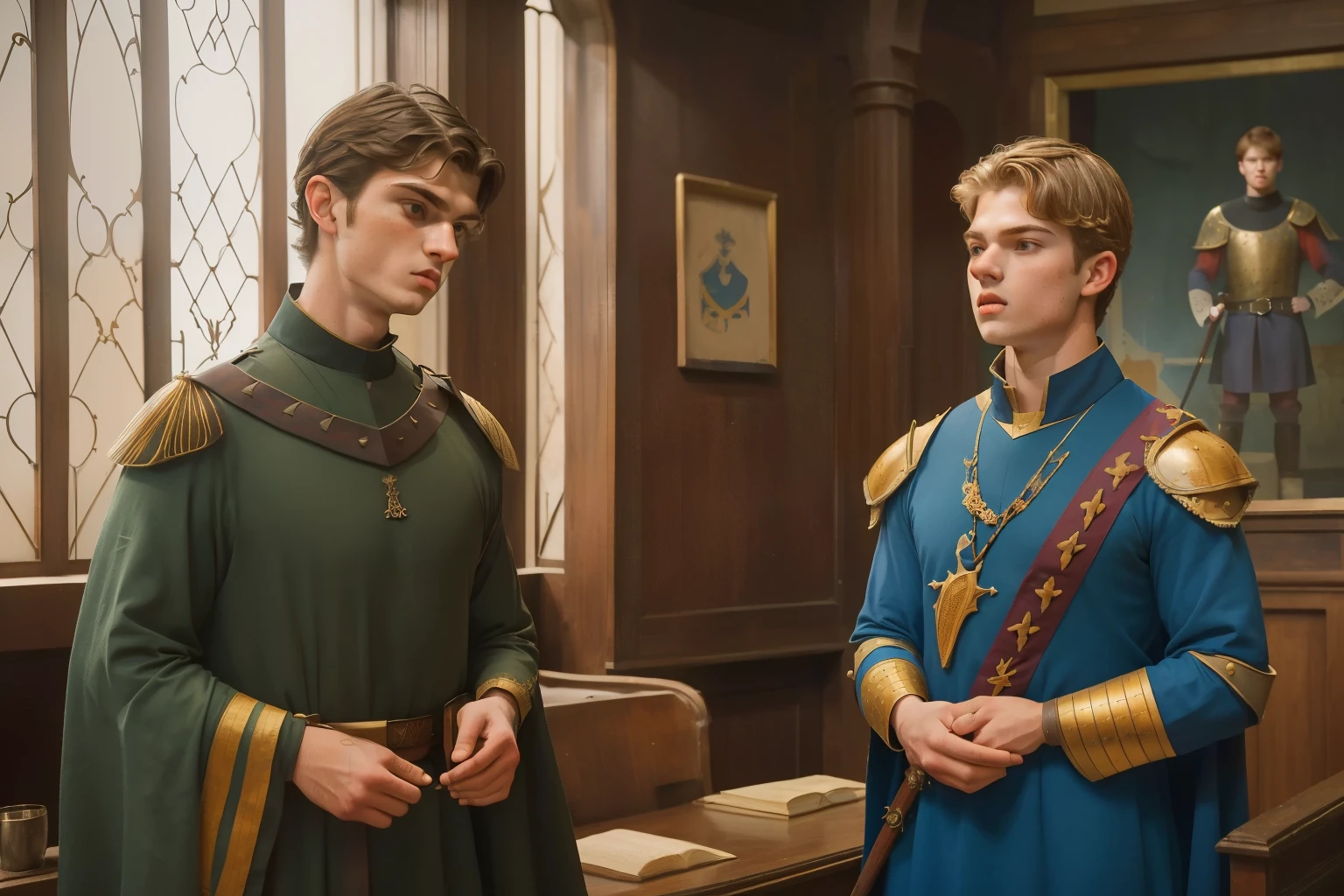 1140, Winchester, England. otherworldly scene in a medieval palace, king audience room, ((((17-year-old)) Matthew Daddario)), with ((((23-year-old)) Hunter Parrish)), knights, ((arguing)), fighting, angry, ((hate expression)), ((((tunic from the 12th century)))), ((Hairstyle of the 12th century)), ((Wes Anderson cinematic style)), colorful
