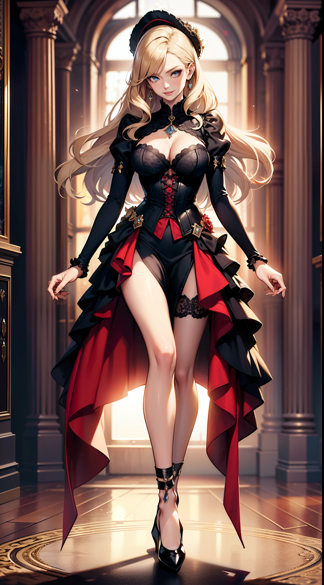 high quality fingers, normal hands, detailed fingers, masterpiece, (realistic, photo-realistic:1.37), (full body:1.5), High-end editorial-style photoshoot highlighting the beauty of a woman with blonde hair and bright blue eyes, dressed in a chic red and black corset, thin waist, seductive smile, large tits, perfect body, perfect face, (full body:1.5), set within the refined atmosphere of a Victorian ballroom. Stylish, elaborate jewelry made with expensive gems.