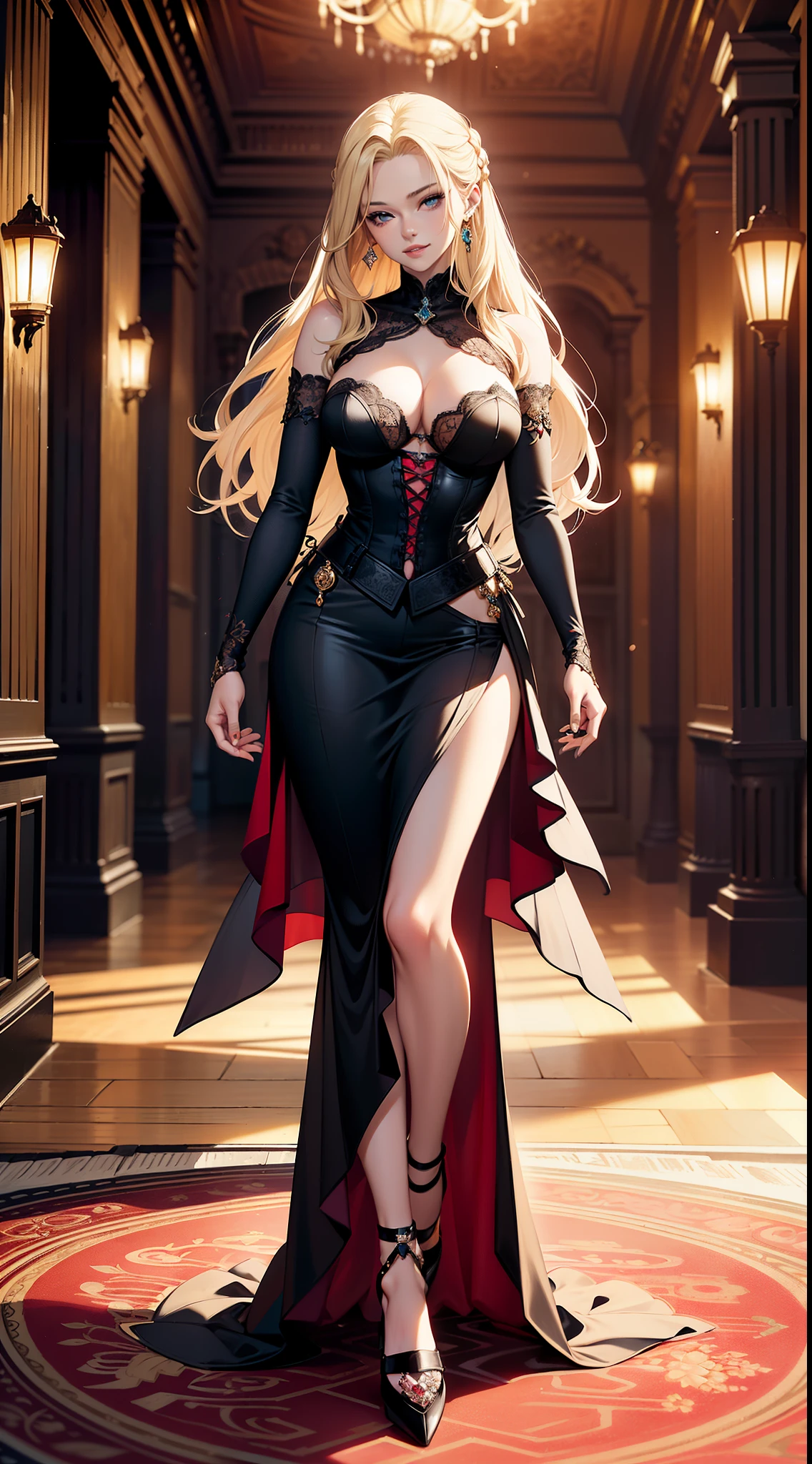 high quality fingers, normal hands, detailed fingers, masterpiece, (realistic, photo-realistic:1.37), (full body:1.5), High-end editorial-style photoshoot highlighting the beauty of a woman with blonde hair and bright blue eyes, dressed in a chic red and black corset, thin waist, seductive smile, large tits, perfect body, perfect face, (full body:1.5), set within the refined atmosphere of a Victorian ballroom. Stylish, elaborate jewelry made with expensive gems.