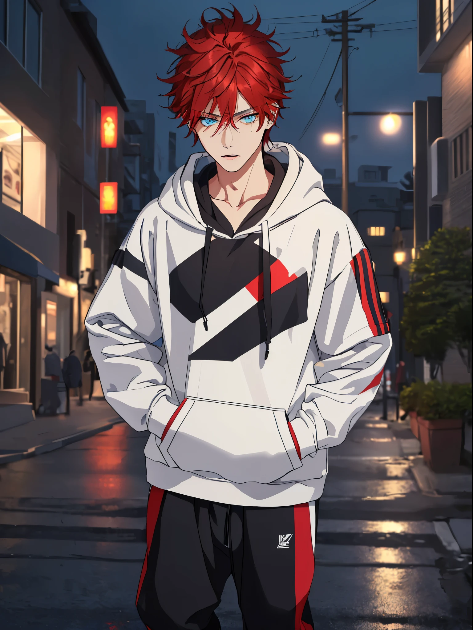 ((highest quality, masterpiece, 4k, finely detailed, detailed eyes, detailed face, dynamic lighting)), standing on sidewalk and leaning against a wall, ((solo)), 1 male, handsome, broad shoulders, cigarette in mouth, looking at viewer ((sharp eyes, half-lidded eyes. blue eye color)), ((red hair, messy hair), wearing modern streetwear: hoodie, sweatpants, sneakers, city at night in the background