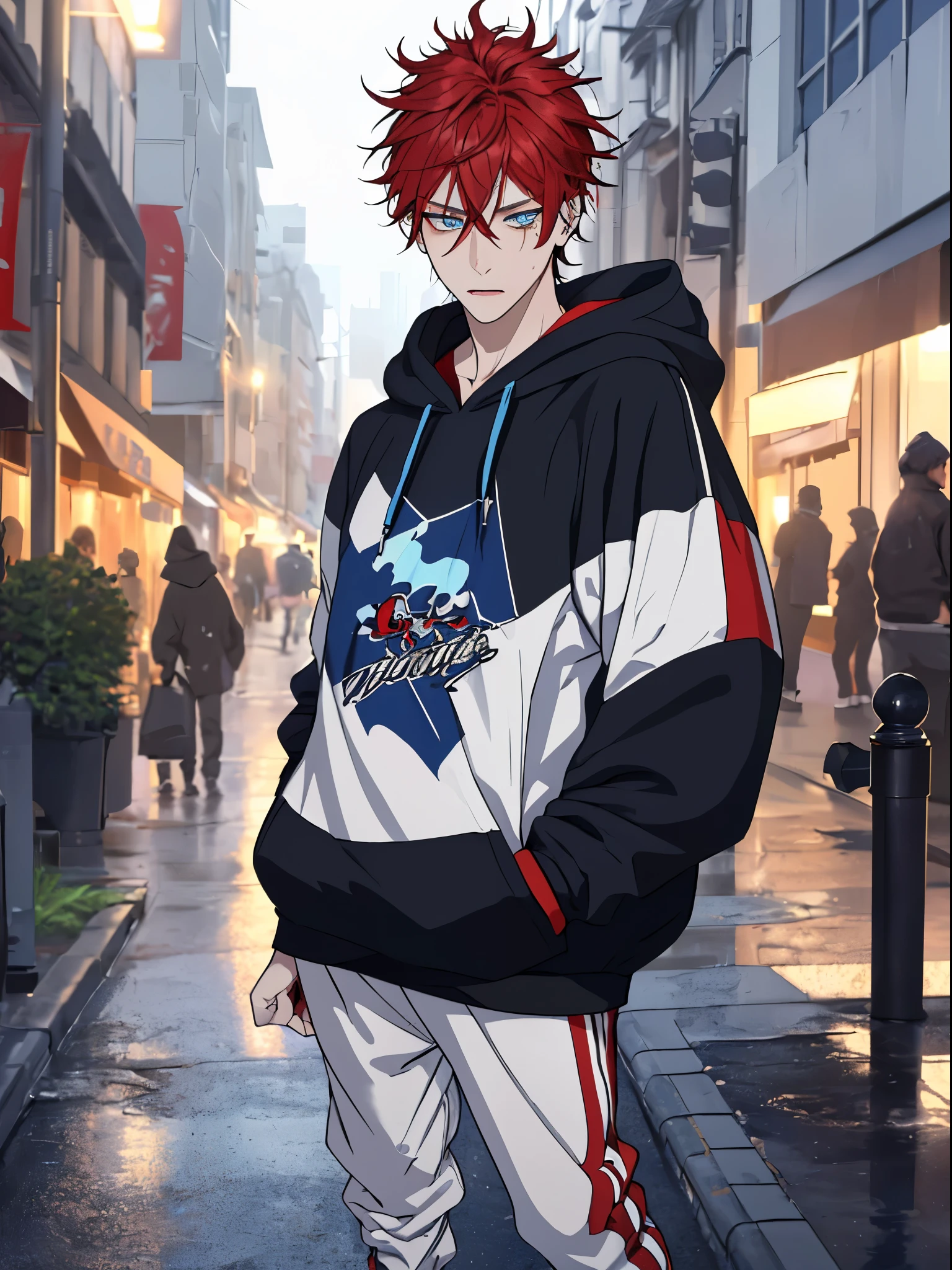 ((highest quality, masterpiece, 4k, finely detailed, detailed eyes, detailed face, dynamic lighting)), standing on sidewalk and leaning against a wall, ((solo)), 1 male, handsome, broad shoulders, cigarette in mouth, looking at viewer ((sharp eyes, half-lidded eyes. blue eye color)), ((red hair, messy hair), wearing modern streetwear: hoodie, sweatpants, sneakers, city at night in the background