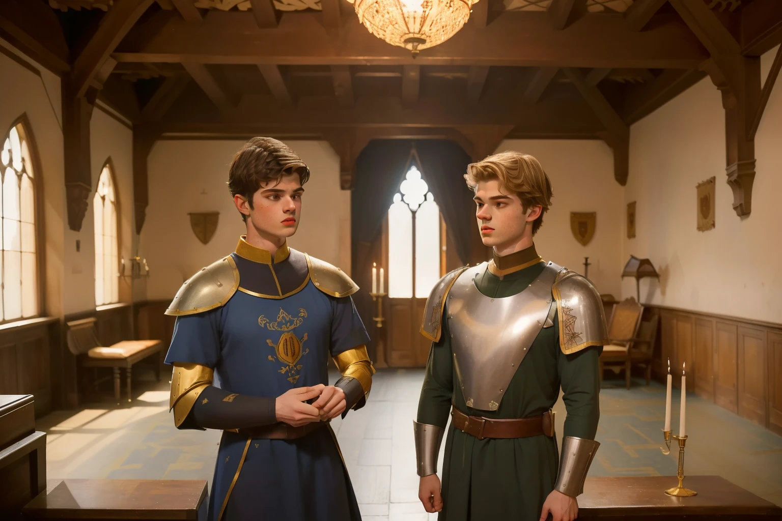 1140, Winchester, England. otherworldly scene in a medieval palace, king audience room, ((((17-year-old)) Matthew Daddario)), with ((((23-year-old)) Hunter Parrish)), knights, ((arguing)), fighting, angry, ((hate expression)), ((((tunic from the 12th century)))), ((Hairstyle of the 12th century)), ((Wes Anderson cinematic style)), colorful