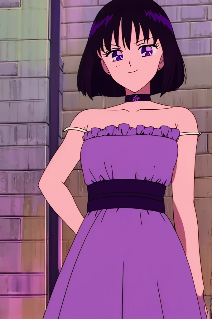 Hotaru_Tomoe, 1 girl, solo, Best quality, masterpiece, ager, Purple Eyes, Black Hair, Bob Hair, Bob Haircut, Smile Bare Neck, Bare Arms, Bare Shoulders, Ruffle Off-the-Shoulder Top, purple Strapless Dress, purple Dress, Long maxi dress, Colorful Abstract Brickwall Background, standing ,