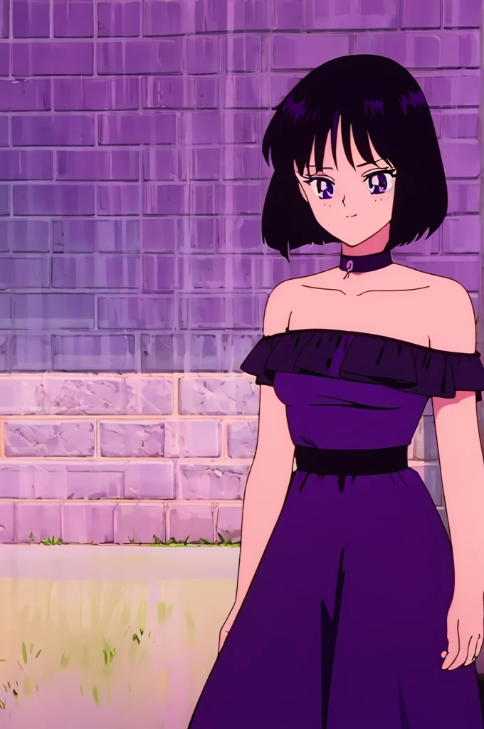 Hotaru_Tomoe, 1 girl, solo, Best quality, masterpiece, r, Purple Eyes, Black Hair, Bob Hair, Bob Haircut, Smile Bare Neck, Bare Arms, Bare Shoulders, Ruffle Off-the-Shoulder Top, purple Strapless Dress, purple Dress, Long maxi dress, Colorful Abstract Brickwall Background, standing ,