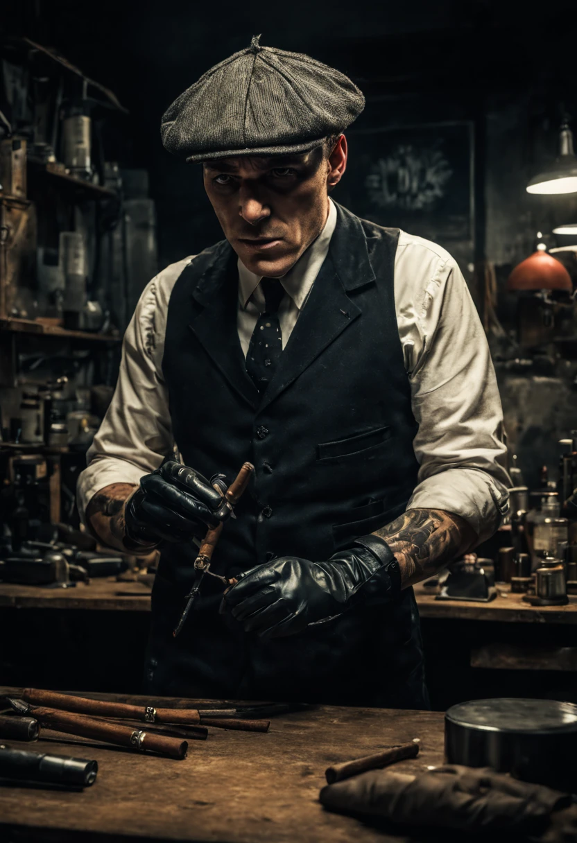 . RAW, wide angle, Un hombre en un laboratorio oscuro de pie mirando hacia arriba, con guantes negros y un cigarro en la boca, llegado del futuro lleva gafas., Piel negra rojiza, laboratorio, Hardware, Entorno luminoso, neon, ((cyberpunked)) ESTILO TOMMAS SHELBY, PEAKY BLINDERS