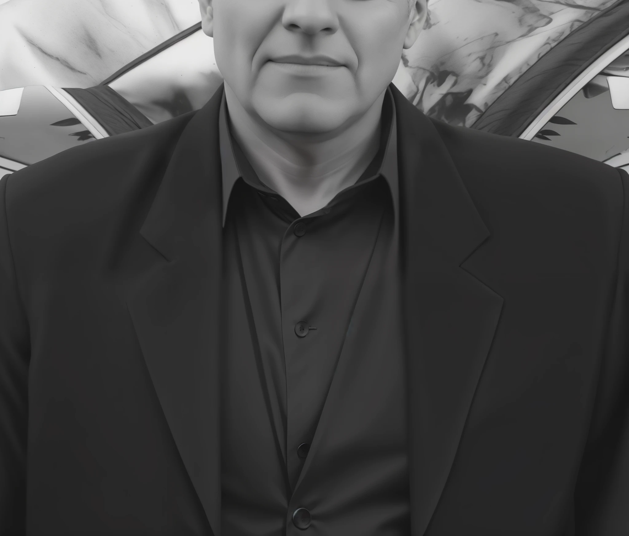 8K UHD, Man 58 years old in a black suit(black blazer, black undershirt, black vest), Fabric detailing, higly detailed, hiquality