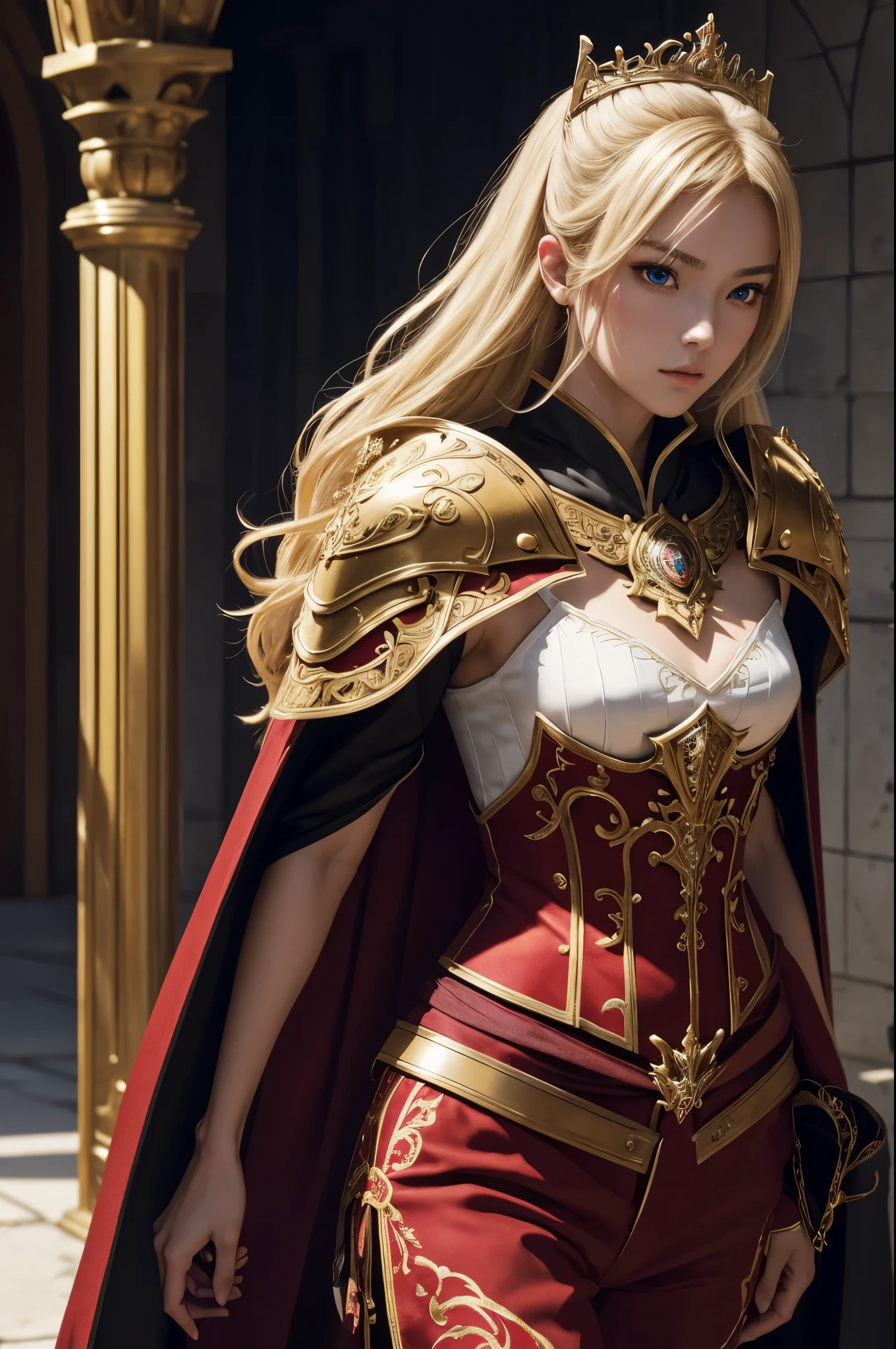 8K,Blonde girl wearing luxurious red, white, black and blue chest armor, Super beauty(Like the real thing)real looking skin,美しいPrincess Knight,Blue eyes, Princess Knight, ((美しい幻想的なPrincess Knight)), An elegant , gorgeous princess paladin, 美しいPrincess Knight,超A high resolution,Masterpiece,A hyper-realistic,Fantasyart,curacter art,cinestill 800,alluring glance,A sexy,a closeup,A sexyな胸鎧,細くwell-muscledな身体,combat scene,action scene,actionpose,Equipped with a rapier on the waist,Royal coat of arms carved into the chest armor,red and white luxurious cloak,Fight enemies,slender body,well-muscled,gorgeous red and black pants(Golden embroidery),tiny chest,Juvenile look,Rugged look,身長が低いPrincess Knight,
