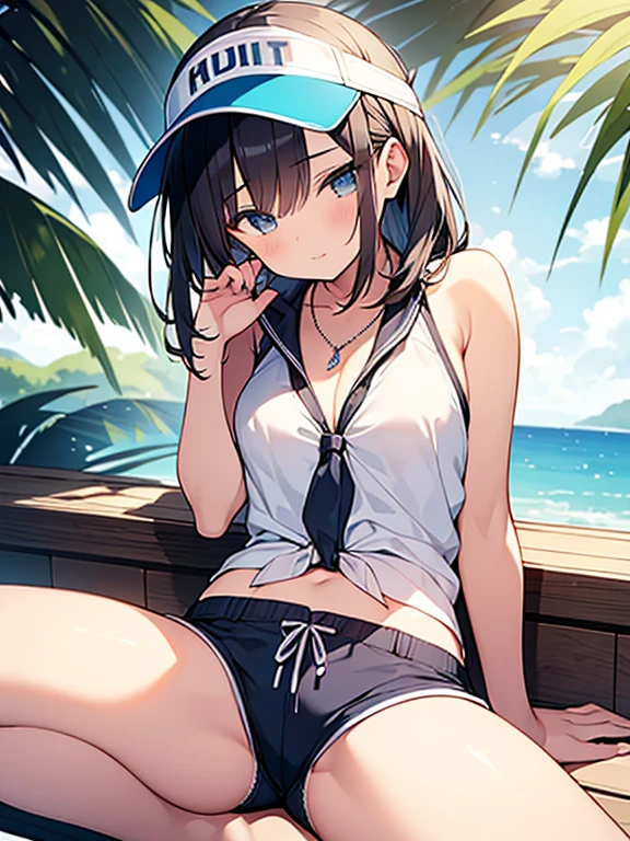 masterpiece, best quality, 1girl, solo, juriswim, tied shirt, bikini under clothes, necklace, short shorts, visor cap, sitting,spread legs,medium breasts,sleepy