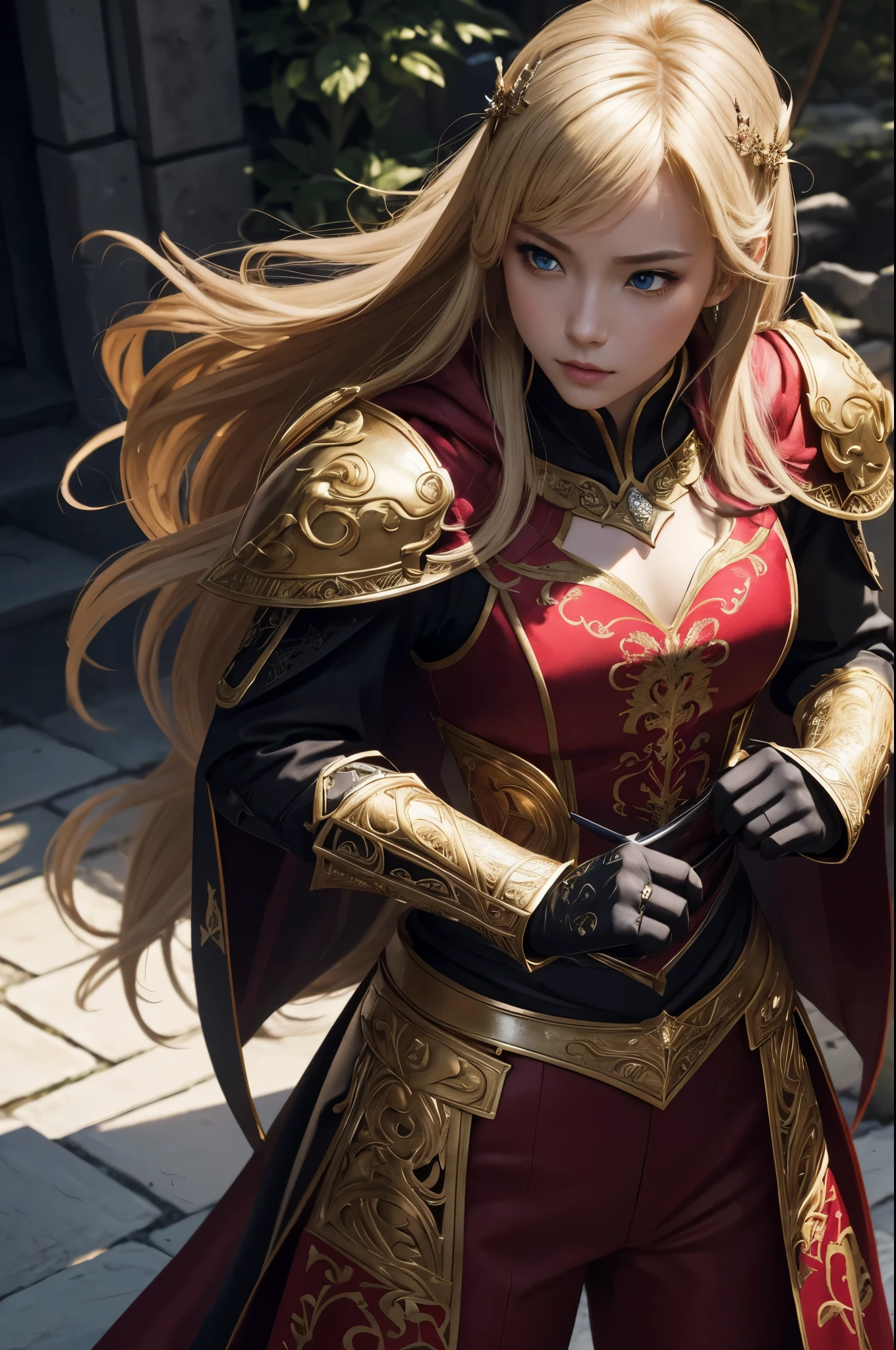 8K,Blonde girl wearing luxurious red, white, black and blue chest armor, Super beauty(Like the real thing)real looking skin,美しいPrincess Knight,Blue eyes, Princess Knight, ((美しい幻想的なPrincess Knight)), An elegant , gorgeous princess paladin,  美しいPrincess Knight,超A high resolution,Masterpiece,A hyper-realistic,Fantasyart,curacter art,cinestill 800,alluring glance,A sexy,a closeup,A sexyな胸鎧,細くwell-muscledな身体,combat scene,action scene,actionpose,Equipped with a rapier on the waist,Royal coat of arms carved into the chest armor,red and white luxurious cloak,Fight enemies,slender body,well-muscled,gorgeous red and black pants(Golden embroidery),tiny chest,Juvenile look,Rugged look,身長が低いPrincess Knight,