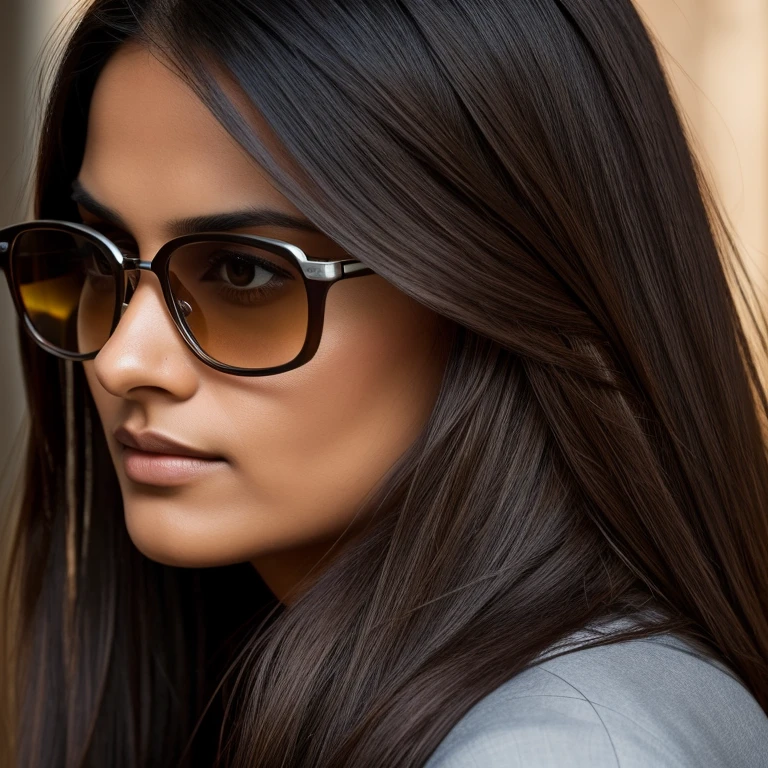 the beautiful woman with long hair and dark glasses, in the style of 8k resolution, close-up, dark silver and light brown, indian scenes, queer academia, high quality, precisionist lines, whistlerian --ar 69:128 --s 750 --v 5.2