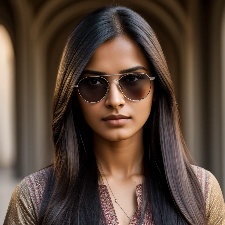 the beautiful woman with long hair and dark glasses, in the style of 8k resolution, close-up, dark silver and light brown, indian scenes, queer academia, high quality, precisionist lines, whistlerian --ar 69:128 --s 750 --v 5.2