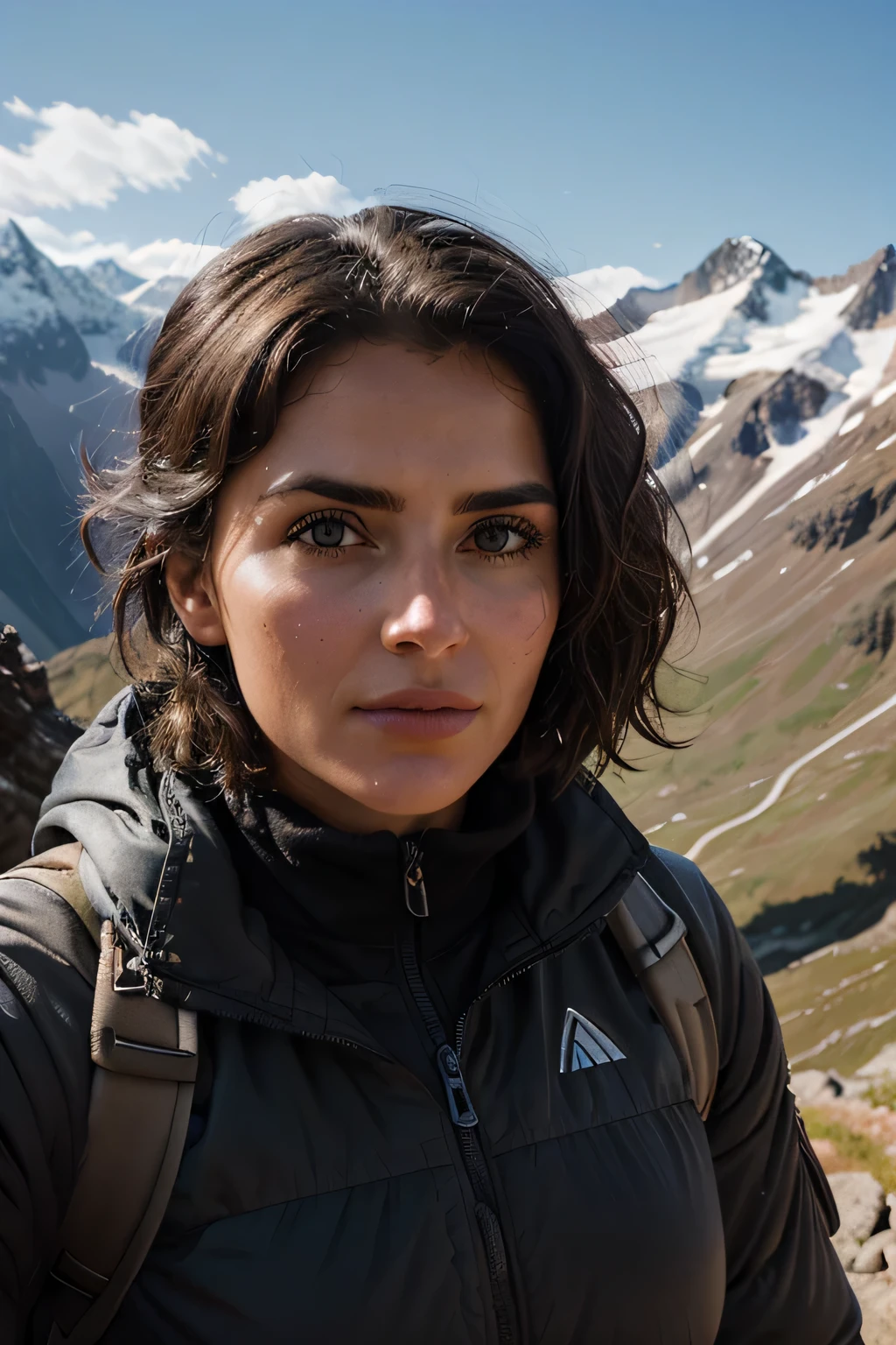 arafed woman with a backpack standing in front of a mountain, a mountain look like a women, girl of the alps, 8 k movie still, italian looking emma, film still from dune 2020, unusually unique beauty, 4 k movie still, 4k movie still, christina kritkou, movie still 8 k, shot from danis villeneuve movie