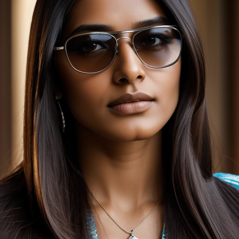 the beautiful woman with long hair and dark glasses, in the style of 8k resolution, close-up, dark silver and light brown, indian scenes, queer academia, high quality, precisionist lines, whistlerian --ar 69:128 --s 750 --v 5.2
