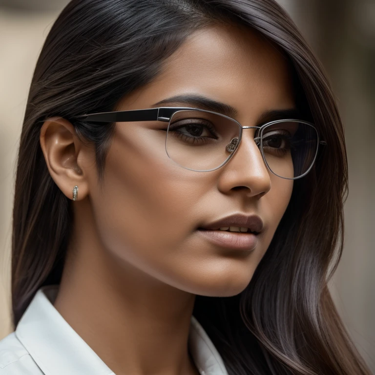 the beautiful woman with long hair and dark glasses, in the style of 8k resolution, close-up, dark silver and light brown, indian scenes, queer academia, high quality, precisionist lines, whistlerian --ar 69:128 --s 750 --v 5.2