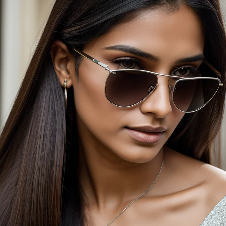 the beautiful woman with long hair and dark glasses, in the style of 8k resolution, close-up, dark silver and light brown, indian scenes, queer academia, high quality, precisionist lines, whistlerian --ar 69:128 --s 750 --v 5.2