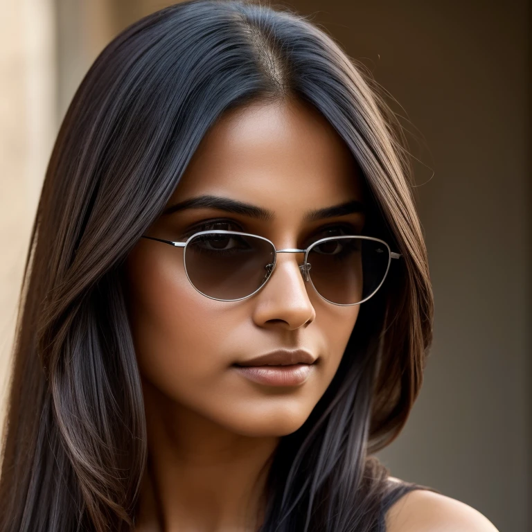 the beautiful woman with long hair and dark glasses, in the style of 8k resolution, close-up, dark silver and light brown, indian scenes, queer academia, high quality, precisionist lines, whistlerian --ar 69:128 --s 750 --v 5.2