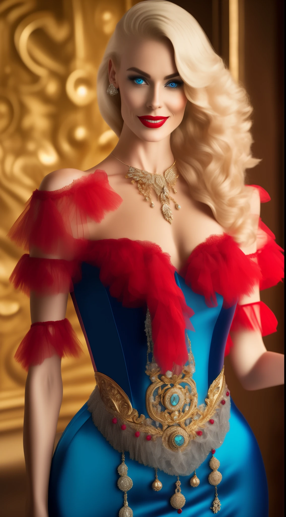 high quality fingers, normal hands, detailed fingers, masterpiece, (realistic, photo-realistic:1.37), (full body:1.5), High-end editorial-style photoshoot highlighting the beauty of a woman with blonde hair and bright blue eyes, dressed in a chic red and black corset, thin waist, seductive smile, large tits, perfect body, perfect face, (full body:1.5), set within the refined atmosphere of a Victorian ballroom. Stylish, elaborate jewelry made with expensive gems.