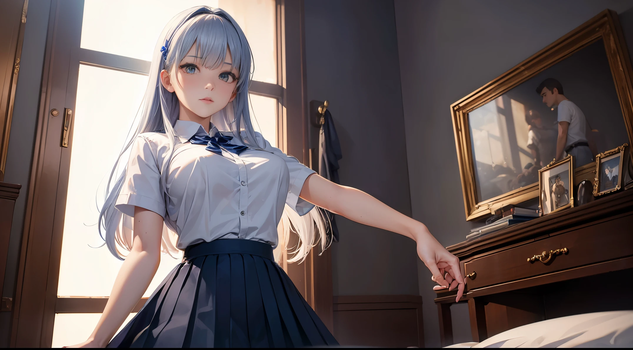 (extremely detremely detailed CG:1.2), (tmasterpiece:1.2), (Best quality at best:1.2),,((absurd res)),looking at viewert,full bodyesbian, ,(1个Giant Breast Girl),Alone,(long whitr hair),(Masseyon),(white shirt short sleeves),(navy_Pleated skirt in blue color),(long skirt),dynamic angle,Permanent,dynamicposequisite facial features)),,