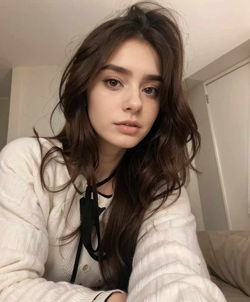 Arafed woman with long hair sitting on a bed in a white sweater, brown hair and large eyes, 18 years old, Lilly Collins, valentina revolver, Imagen filtrada, Ana de Armas, 19 year old girl, Modelo de Instagram, cara muy bonita, 2 4 year old female model, Lily Collins, pale-skinned persian girl