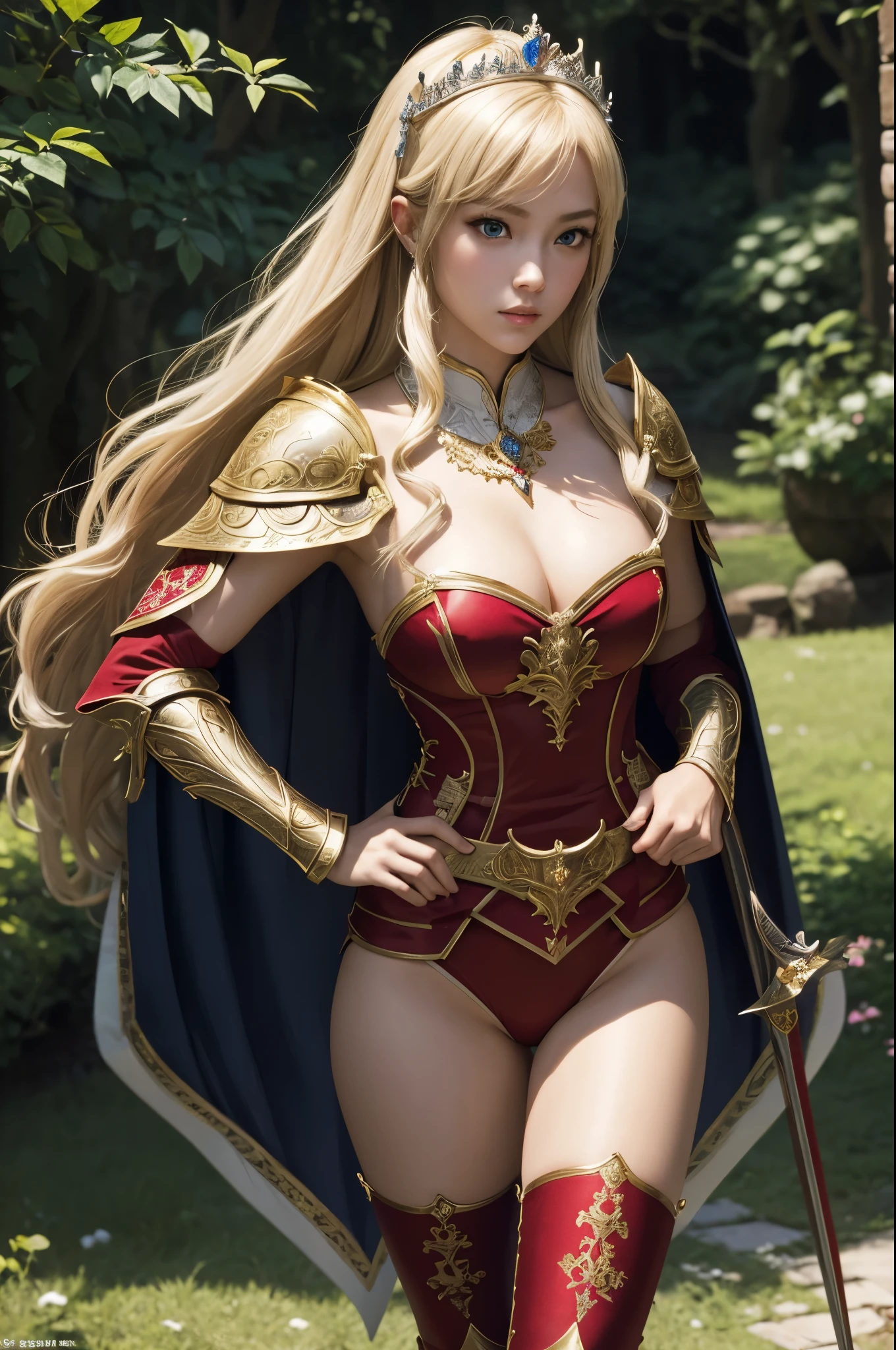 8K,Blonde girl wearing luxurious red, white, black and blue chest armor, Super beauty(Like the real thing)real looking skin,美しいPrincess Knight,Blue eyes, Princess Knight, ((美しい幻想的なPrincess Knight)), An elegant , gorgeous princess paladin, 美しいPrincess Knight,超A high resolution,Masterpiece,A hyper-realistic,Fantasyart,curacter art,cinestill 800,alluring glance,A sexy,a closeup,A sexyな胸鎧,細くwell-muscledな身体,combat scene,action scene,actionpose,Equipped with a rapier on the waist,Royal coat of arms carved into the chest armor,red and white luxurious cloak,Fight enemies,slender body,well-muscled,gorgeous red and black pants(Golden embroidery),tiny chest,Juvenile look,Rugged look,身長が低いPrincess Knight,