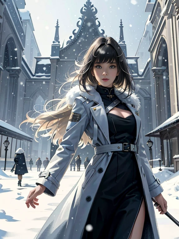(highest resolution, distinct_image) Best quality, single person, one girl, solo, masterpiece, highly detailed, realistic, long hair, braided white blond hair, banglue military uniform underneath coat), depth of field, outdoor background, falling snow, ((big breasts)), authoritative, dignified, calm and powerful expression, ambient lighting, exquisite facial features, fur trimmed white coat, open coat, looking at viewer, head to waist, in a terrace of a monumental building, (((front bangs))), dynamic angle, striking a pose