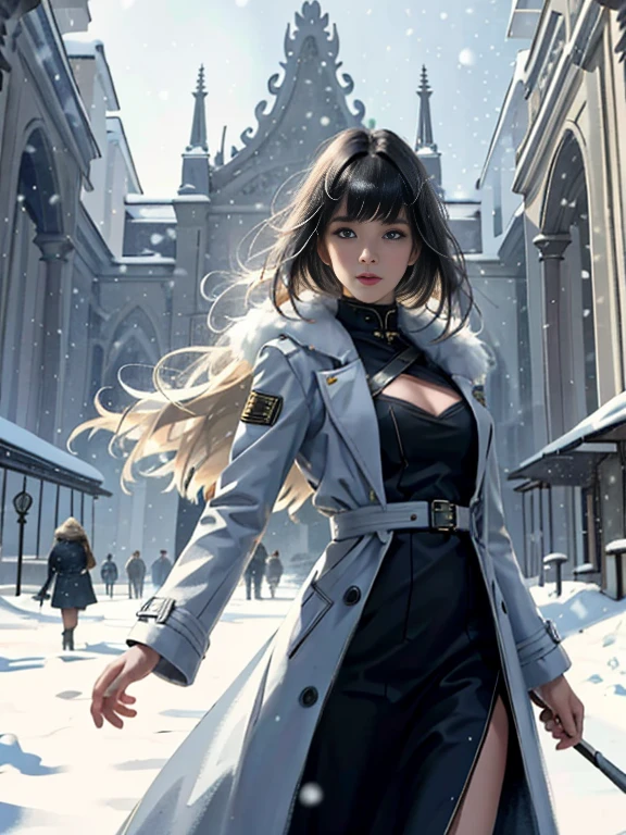 (highest resolution, distinct_image) Best quality, single person, one girl, solo, masterpiece, highly detailed, realistic, long hair, braided white blond hair, banglue military uniform underneath coat), depth of field, outdoor background, falling snow, ((big breasts)), authoritative, dignified, calm and powerful expression, ambient lighting, exquisite facial features, fur trimmed white coat, open coat, looking at viewer, head to waist, in a terrace of a monumental building, (((front bangs))), dynamic angle, striking a pose