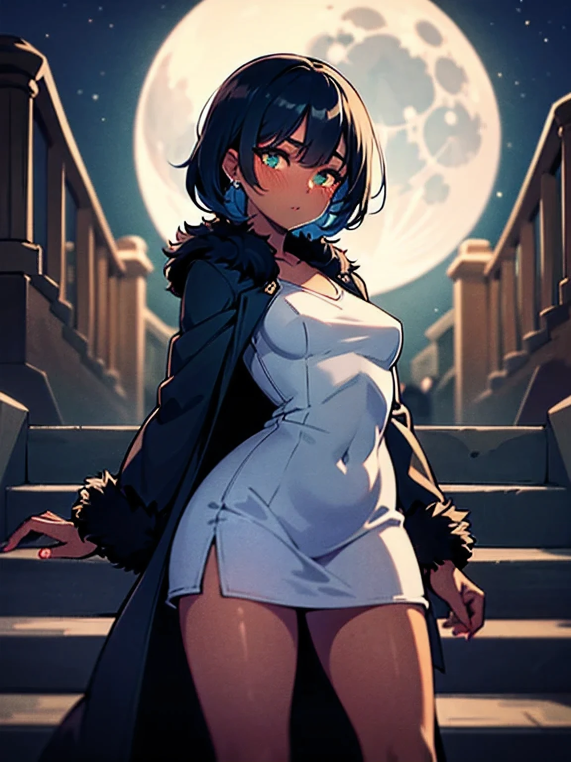 (masutepiece), (Best Quality, High resolution), 1girl in, (Dark skin:1.3), (chubby), medium breasts, pointy ear, shirt blue and black hair, Green eyes, Glowing eyes, Fur coat, Dress, blush, Moon, Moonlight, Outside, stairway