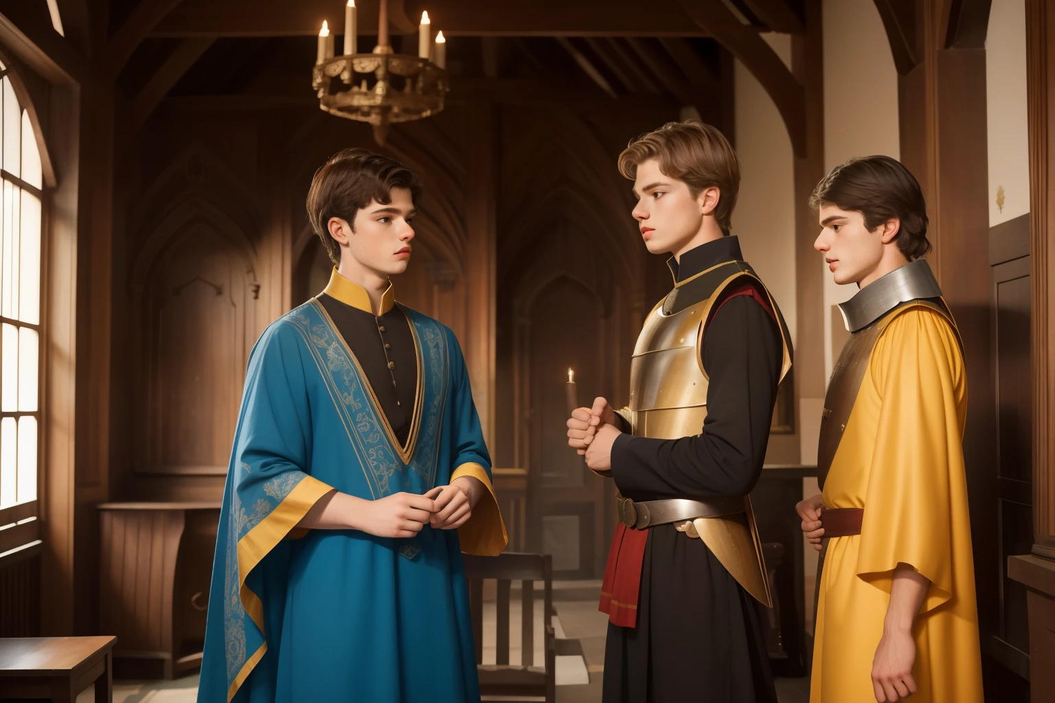 1140, Winchester, England. otherworldly scene in a medieval palace, standing in the king audience room, ((((17-year-old)) Matthew Daddario)), with ((((23-year-old)) Hunter Parrish)), knights, ((arguing)), fighting, angry, ((((hate expression)))), ((((tunic from the 12th century)))), ((Hairstyle of the 12th century)), ((Wes Anderson cinematic style)), colorful