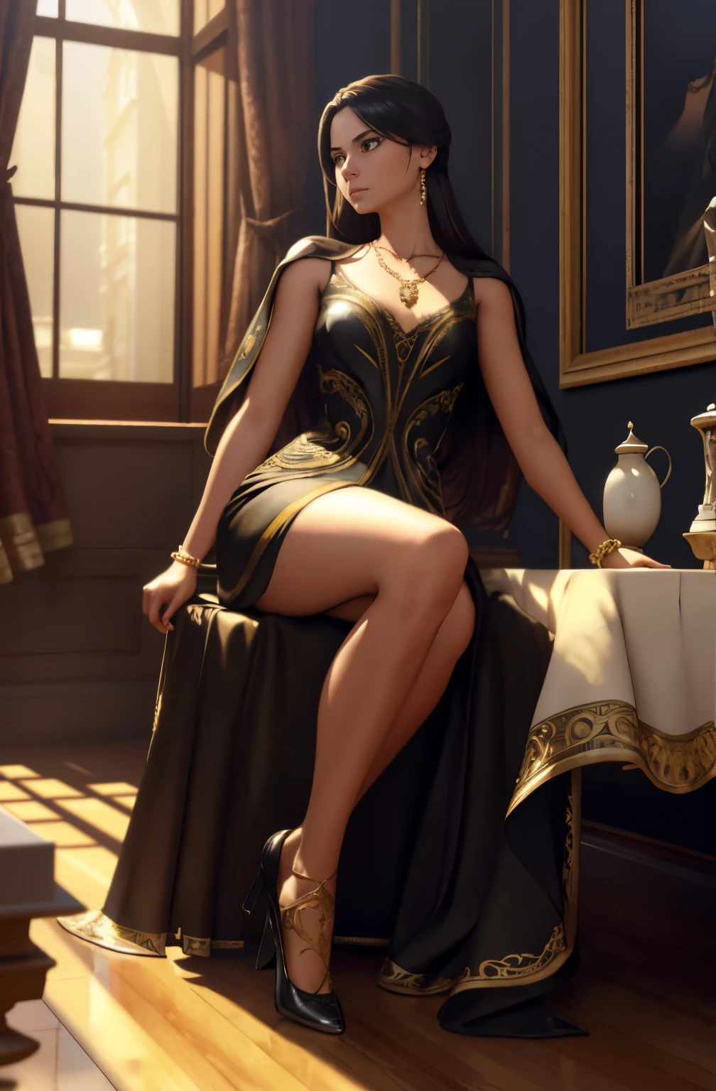 high quality, 8K Ultra HD, highly detailed, masterpiece, super realistic, full body, Beautiful woman, large and bright eyes, well-balanced face, faint smile, soft shading expresses beautiful skin texture, silk material, elegant dress, Graceful curve from ankle to toe, leather pumps, light reflection on the floor, ornate embroidery and embellishments, an elegant necklace, thin bracelets on the wrist, rich and lustrous hair, three dimensional effect, Albert Anker, Feeling like John Howe, Greg Rutkowski, Artgerm, WLOP, Alphonse Beeple, luminism, 3d render, octane render, Isometric, by yukisakura, awesome full color,