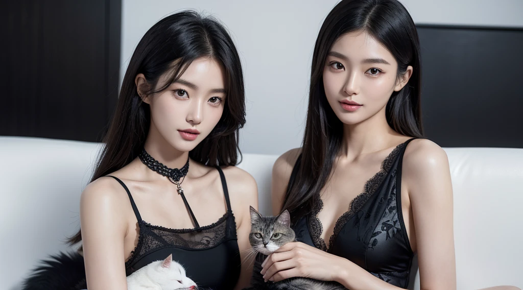 A Korean female supermodel wears a black low-cut lace swimsuit,Printed on swimsuit"ETHI"font,Supermodels hold a cute black and gray cat in their arms,A nameplate hangs around the cat's neck,The nameplate says "CATS" in four fonts,Supermodel wearing lace stockings sitting on the catwalk,Face-to-face shot,Shot from below,Beautiful girl smiles sweetly,The picture is real,k hd,the detail