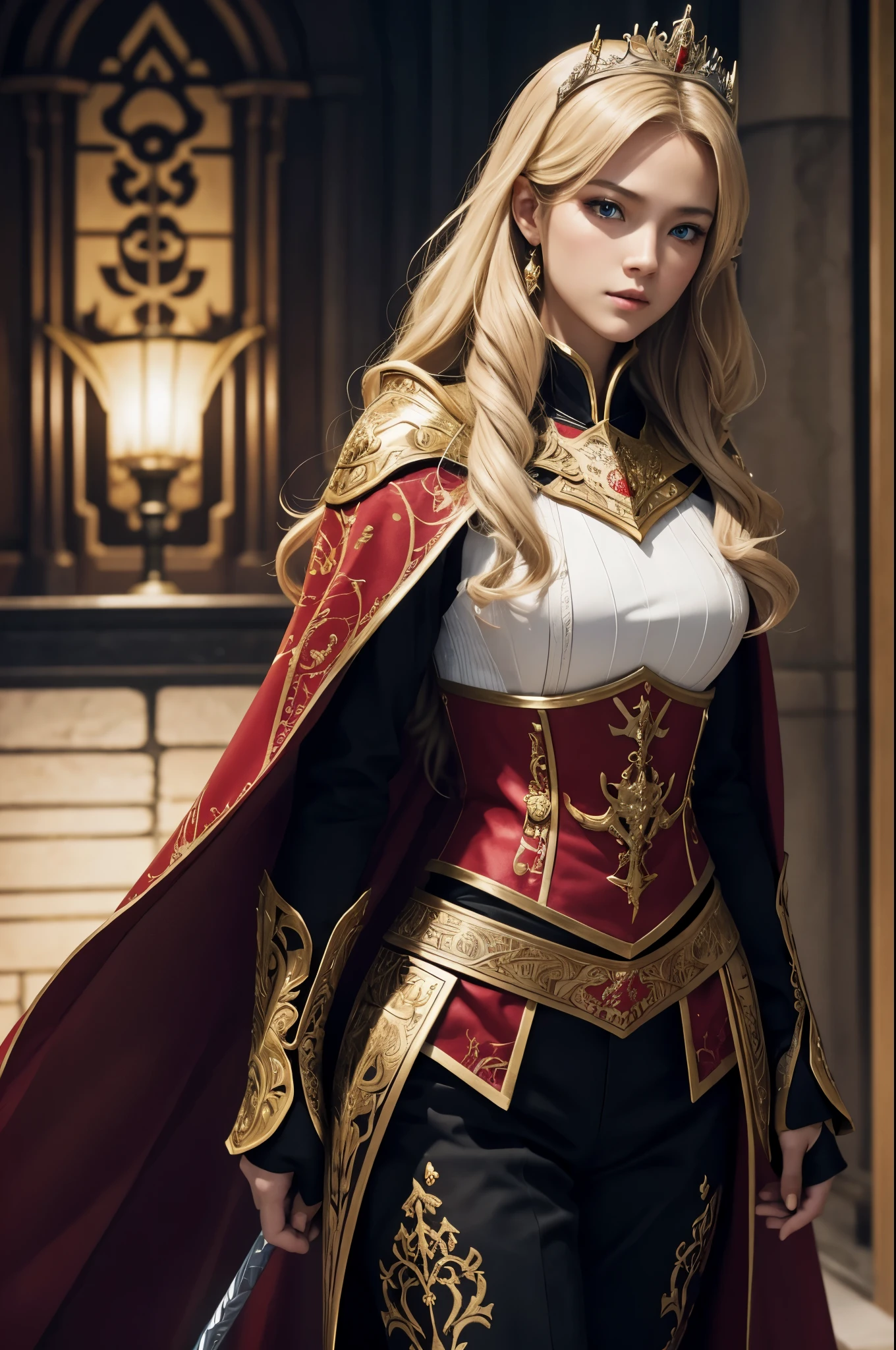 8K,A blonde girl wearing a gorgeous red, white, black and blue chest armor., Super beauty(Like the real thing)real looking skin,美しいPrincess Knight,Blue eyes, Princess Knight, ((美しい幻想的なPrincess Knight)), An elegant , gorgeous princess paladin, 美しいPrincess Knight,超A high resolution,Masterpiece,A hyper-realistic,Fantasyart,curacter art,cinestill 800,alluring glance,A sexy,a closeup,A sexyな胸鎧,細くwell-muscledな身体,combat scene,action scene,actionpose,Equipped with a rapier on the waist,Royal coat of arms carved into the chest armor,red and white luxurious cloak,Fight enemies,slender body,well-muscled,gorgeous red and black pants(Golden embroidery),tiny chest,Juvenile look,Rugged look,身長が低いPrincess Knight,