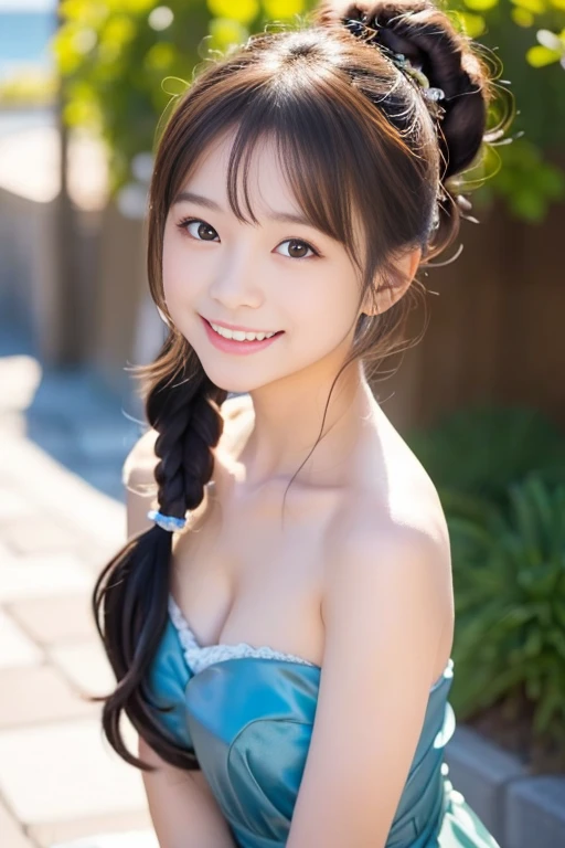 (((masterpiece))), (One beautiful Japan girl, Pure and innocent,Innocence,kawaii) ,超hight resolution, Realistic, Ultra-detailed細, At 8K,top-quality, Extremely detailed, A slender,(very beautiful japanese girl, Detailed face:1.3), (ponytail dark hair :1.4), (a ,kawaii系,adorable 14 year oPerfect body:1.1),Show off your beautiful teeth with your best smile,Best Quality,off shoulders,hight resolution,masutepiece:1.2,Ultra-detailed,Realistic,sea side、suns、the wind、白いレースがついたkawaii水着、きらめくsuns,posterior view、Enlarge the buttocks、Looking up from the ground