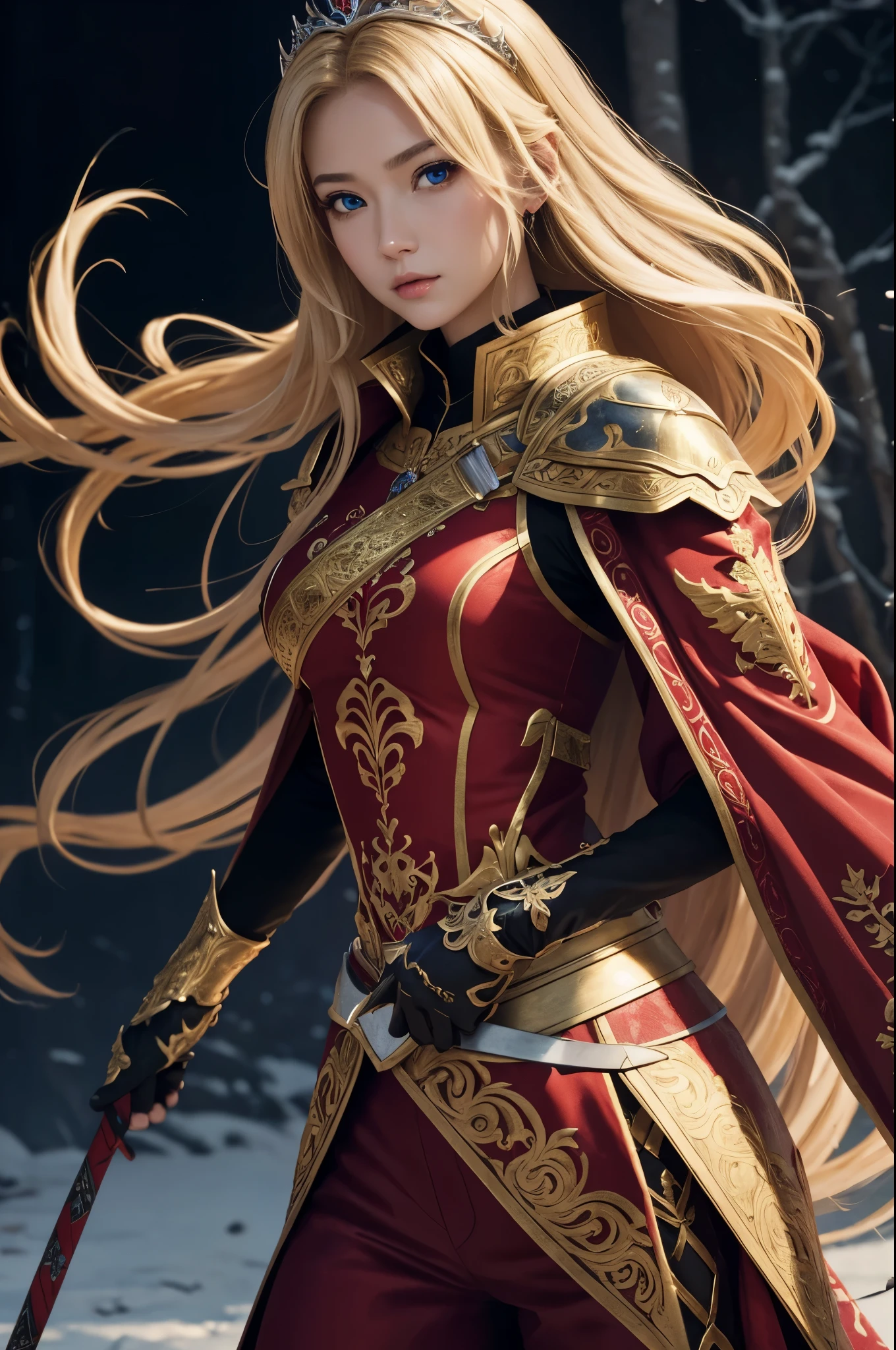 8K,A blonde girl wearing a gorgeous red, white, black and blue chest armor., Super beauty(Like the real thing)real looking skin,美しいPrincess Knight,Blue eyes, Princess Knight, ((美しい幻想的なPrincess Knight)), An elegant , gorgeous princess paladin,  美しいPrincess Knight,超A high resolution,Masterpiece,A hyper-realistic,Fantasyart,curacter art,cinestill 800,alluring glance,A sexy,a closeup,A sexyな胸鎧,細くwell-muscledな身体,combat scene,action scene,actionpose,Equipped with a rapier on the waist,Royal coat of arms carved into the chest armor,red and white luxurious cloak,Fight enemies,slender body,well-muscled,gorgeous red and black pants(Golden embroidery),tiny chest,Juvenile look,Rugged look,身長が低いPrincess Knight,