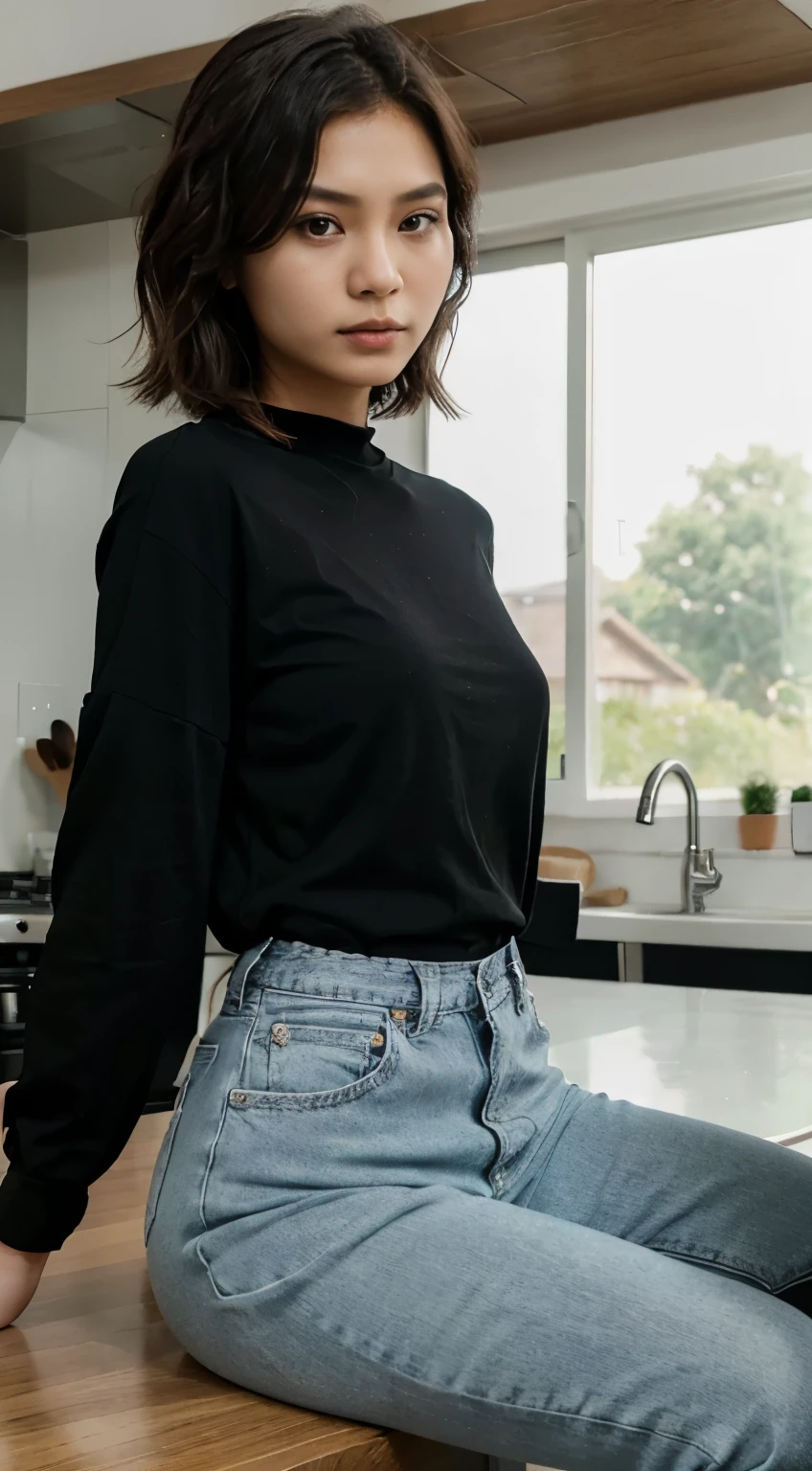 25 years old Indonesian woman, Expressionless, Short wavy hair, Dress casually in a black long-sleeve shirt and long jeans pant, Slim body, Sitting pose on the table, At the kitchen, Day scene, High Resolution, High details, Best quality, POV.
