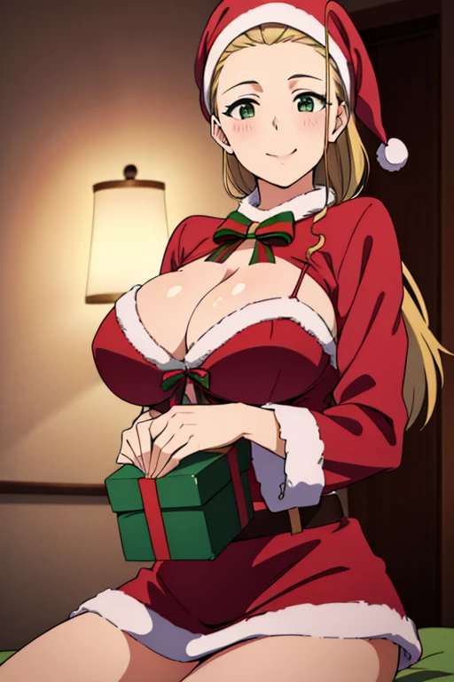 (masterpiece, best quality, high resolution, anime colored, 8k, photorealistic), Akebi Sasaki, hairband, 1girl, (), dark green eyes, smile, blush, (sagging large breast:1.5), (Santa costume:1.5), (cum on breasts), (front view:1.5, upper body), softlight, (perfect detailed anatomy, perfect detailed full body, beautiful detailed hair, beautiful detailed face, beautiful detailed eyes, beautiful detailed breast, beautiful detailed bikini)