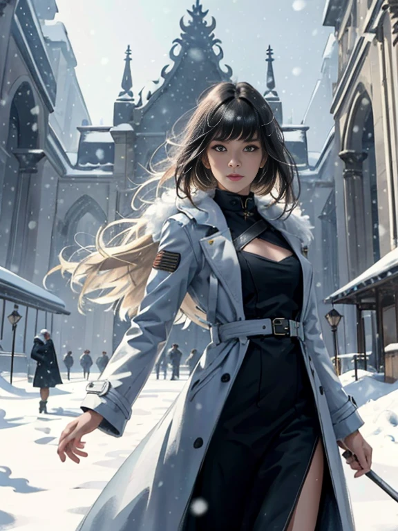(highest resolution, distinct_image) Best quality, single person, one girl, solo, masterpiece, highly detailed, realistic, long hair, braided white blond hair, banglue military uniform underneath coat), depth of field, outdoor background, falling snow, authoritative, dignified, calm and powerful expression, ambient lighting, exquisite facial features, fur trimmed white coat, open coat, looking at viewer, head to waist, in a terrace of a monumental building, (((front bangs))), dynamic angle, striking a pose