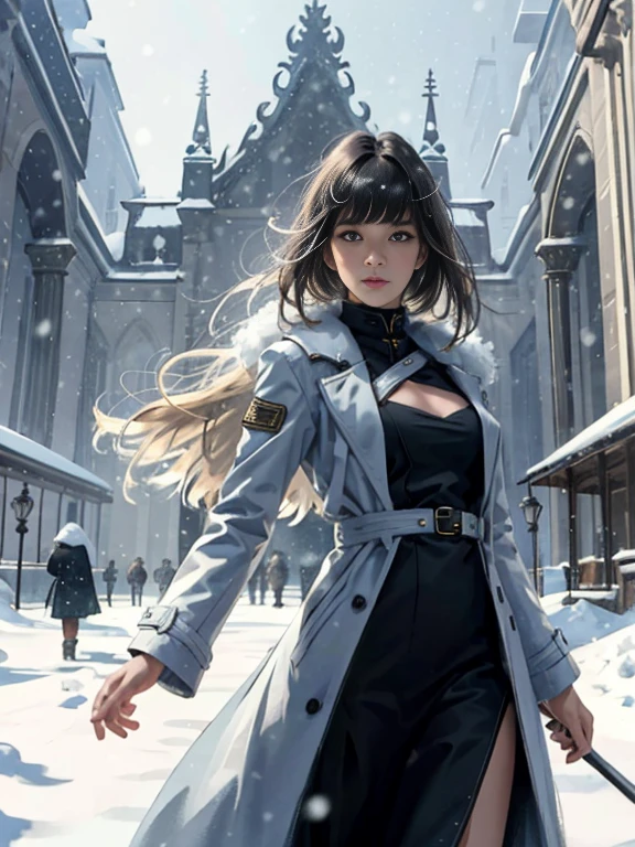 (highest resolution, distinct_image) Best quality, single person, one girl, solo, masterpiece, highly detailed, realistic, long hair, braided white blond hair, banglue military uniform underneath coat), depth of field, outdoor background, falling snow, authoritative, dignified, calm and powerful expression, ambient lighting, exquisite facial features, fur trimmed white coat, open coat, looking at viewer, head to waist, in a terrace of a monumental building, (((front bangs))), dynamic angle, striking a pose