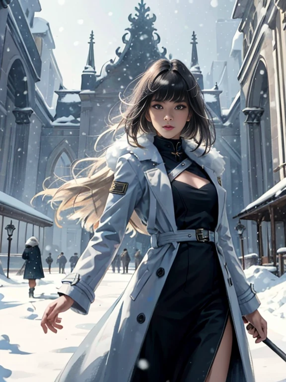 (highest resolution, distinct_image) Best quality, single person, one girl, solo, masterpiece, highly detailed, realistic, long hair, braided white blond hair, banglue military uniform underneath coat), depth of field, outdoor background, falling snow, authoritative, dignified, calm and powerful expression, ambient lighting, exquisite facial features, fur trimmed white coat, open coat, looking at viewer, head to waist, in a terrace of a monumental building, (((front bangs))), dynamic angle, striking a pose