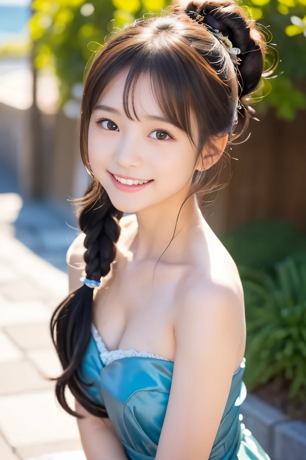 (((​masterpiece))),  (One beautiful Japan girl, Pure and innocent，Innocence，kawaii) ，超hight resolution, Realistic, Ultra-detailed細, At 8K,top-quality, Extremely detailed, A slender,(very beautiful japanese girl, Detailed face:1.3), (ponytail dark hair :1.4), (a ，kawaii系,adorable 14 year oPerfect body:1.1),Show off your beautiful teeth with your best smile，Best Quality,off shoulders，hight resolution,masutepiece:1.2,Ultra-detailed,Realistic,sea side、suns、the wind、白いレースがついたkawaii水着、きらめくsuns，posterior view、Enlarge the buttocks、Looking up from the ground