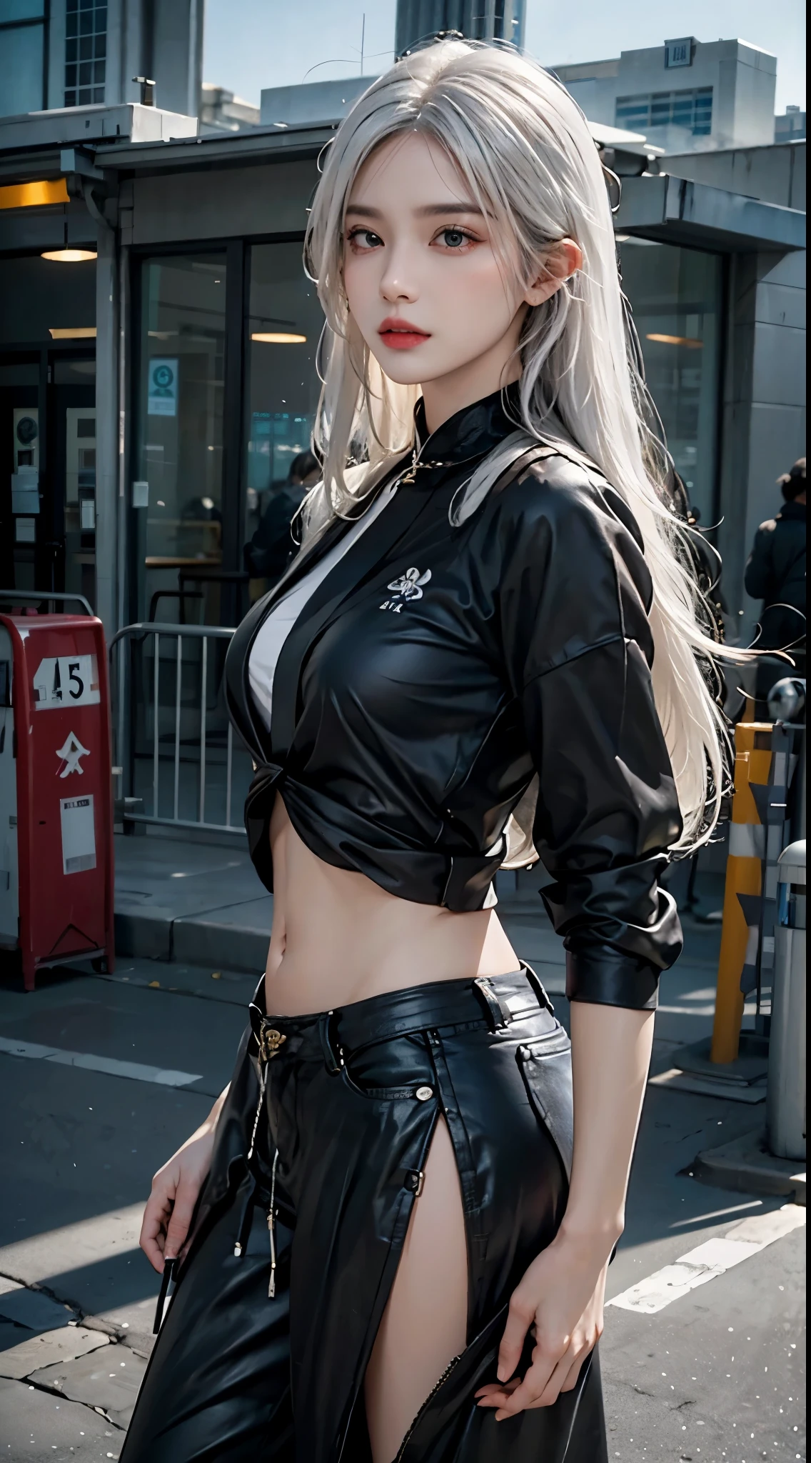 realisticlying, A high resolution, a 1 woman, Alone, hip-up, Just look at the audience, (详细的脸), White hair, long whitr hair, medium, Tattooed with, Taoist