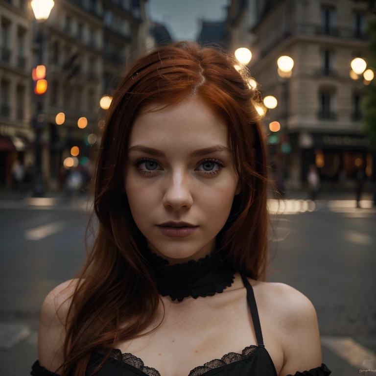 A Caucasian red hair mid 20s girl, fit, staring at the viewer, fit realistic in Paris during summer, glowing hazel greenish eyes, intense, dressing like a gothic girl , solodramatic lightinasterpiece:1.2), best quality, high resolution,   beautiful detailed, extremely detailed, perfect lighting,