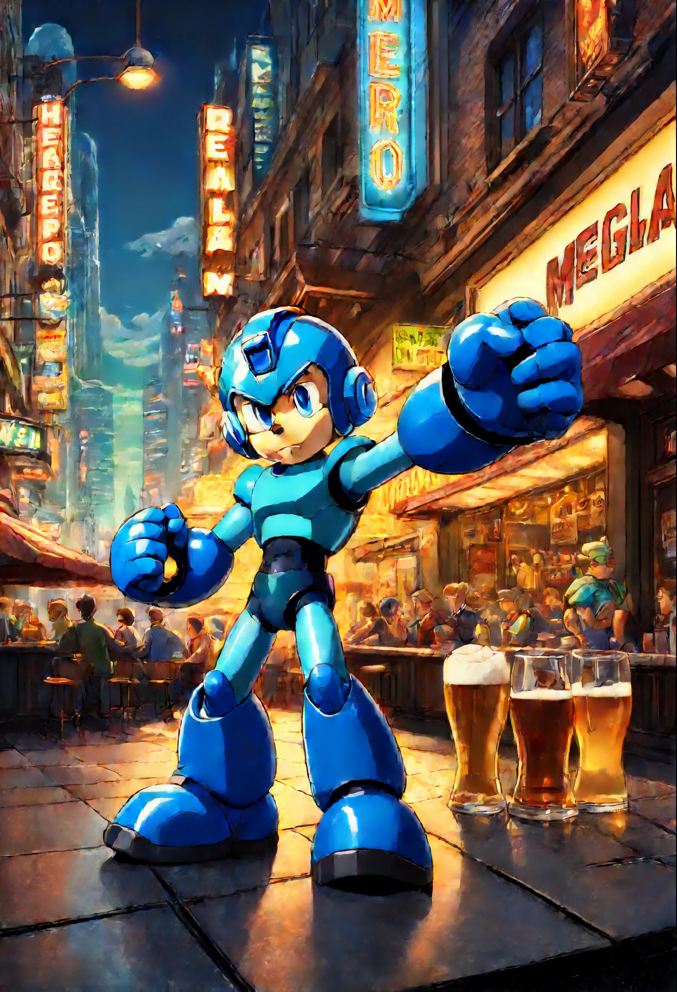 ((32k UHD high detail, 16k HDR cinematic art)) Impressive poster featuring ((Megaman-X)) in classic pose, centered next to Homer Simpson relaxing with a beer. The complex background highlights the busy street with the iconic bar of the Futurama design. The masterpiece is richly detailed to provide the best quality, with cartoon style, Photoshop lighting and a touch of film grain for a crisp focus. | The carefully balanced composition highlights the main characters in the foreground, while the animated background adds depth to the scene. | An incredible view of Megaman-X and Homer Simpson on a high-quality poster with classic and contemporary elements. | {The camera is positioned centrally, framing Megaman-X and Homer Simpson in a way that captures their entire figures, emphasizing their hero poses} | ((perfect_pose)), They are adopting ((hero_poses as relax and enjoy the scene):1.3), ((full body)), (perfect_fingers:1.0), (perfect_legs:1.0), better_hands, More_Detail.