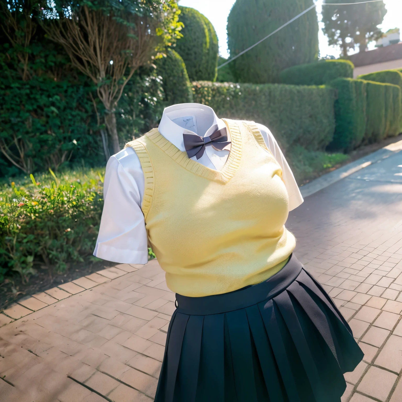chubby, fat, school uniform, white shirt, short sleeves, pleated skirt, collared shirt, miniskirt, bowtie, green bow, green ribbon, (yellow sweater vest), cute pose, (invisible, no humans, headless, faceless:1.5), (close-up to breasts), cute big breasts, (8k, RAW photo, best quality, masterpiece, high resolution, extremely detailed CG:1.2), (realistic, photo-realistic:1.37), photon mapping, radiosity, ((Hasselblad photography)), physically-based rendering