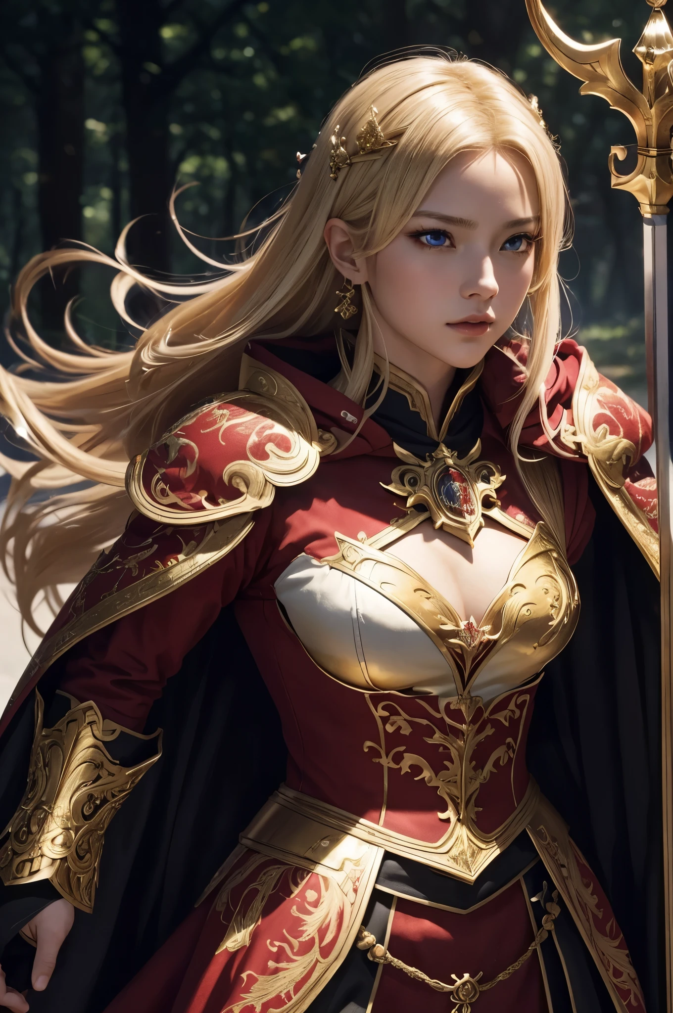 8K,Blonde girl wearing luxurious red, white, black and blue chest armor, Super beauty(Like the real thing)real looking skin,美しいPrincess Knight,Blue eyes, Princess Knight, ((美しい幻想的なPrincess Knight)), An elegant , gorgeous princess paladin,  美しいPrincess Knight,超A high resolution,Masterpiece,A hyper-realistic,Fantasyart,curacter art,cinestill 800,alluring glance,A sexy,a closeup,A sexyな胸鎧,細くwell-muscledな身体,combat scene,action scene,actionpose,Equipped with a rapier on the waist,Royal coat of arms carved into the chest armor,red and white luxurious cloak,Fight enemies,slender body,well-muscled,gorgeous red and black pants(Golden embroidery),tiny chest,Juvenile look,Rugged look,身長が低いPrincess Knight,