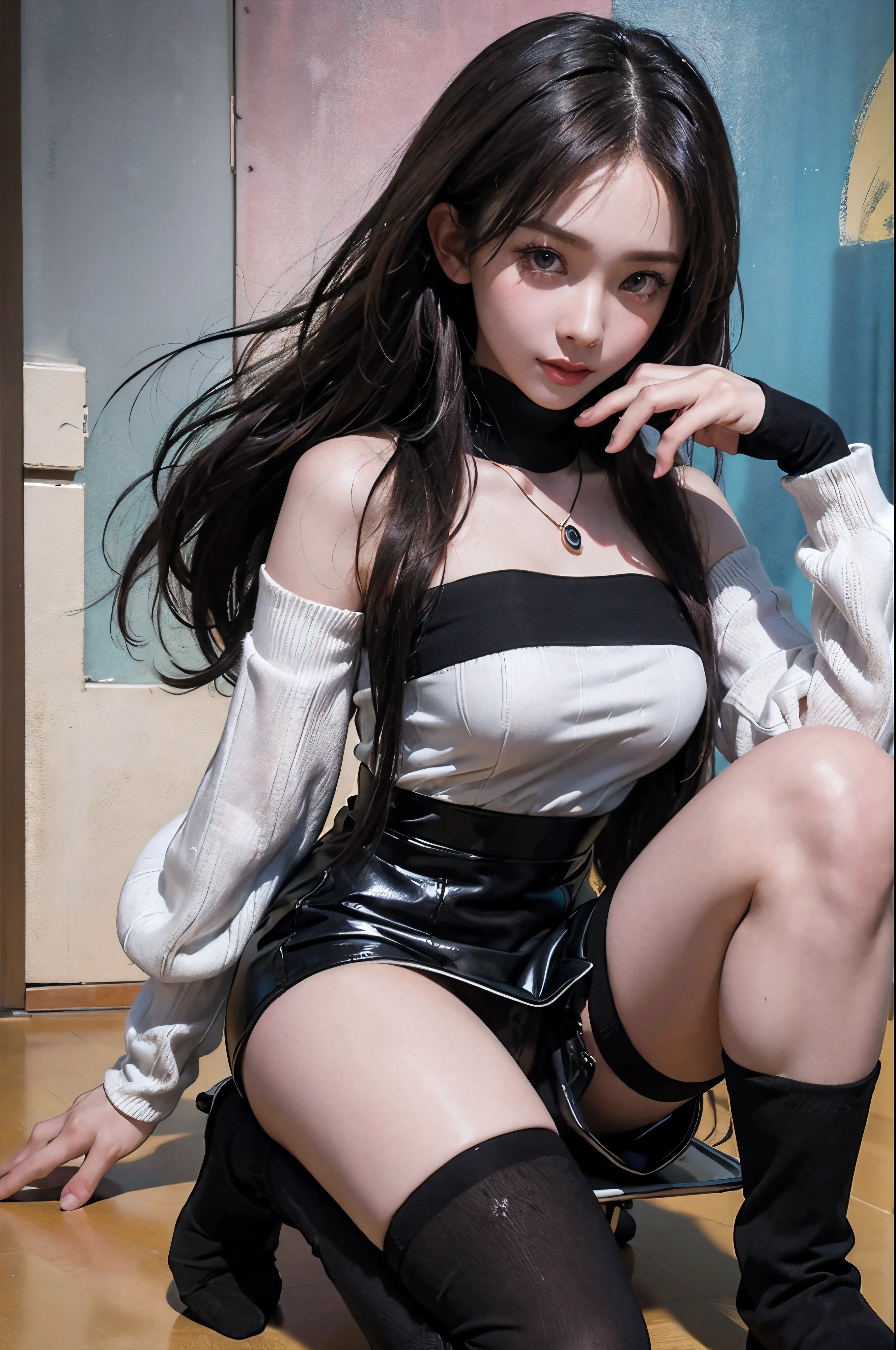 ((top-quality、8K、masterpiece:1.3))、is standing、foco nítido:1.2、(realisitic、Photorealsitic:1.37)、A smile、Feet to the viewer、Feet in front of the audience、Beautiful Face Woman、28 year old、pointed chest、NSFW、long eyeslashes、Colorcon、Big 、delicated、Very detailed eyes、Highly detailed eyebrows、(Sharp Eyebrows)、(Thin eyebrows).extra detailed face、(brunette disheveled hair:1.3),Black Long Sleeve Knit Turtleneck、Small necklace、high waist micro flange mini skirt、((Black thigh socks:1.4))、beautiful thigh、frombelow、Detailed background(8K、masterpiece、top-quality、Raw foto)、long boots、Touching the thigh、Raise one knee、Quiet residential area