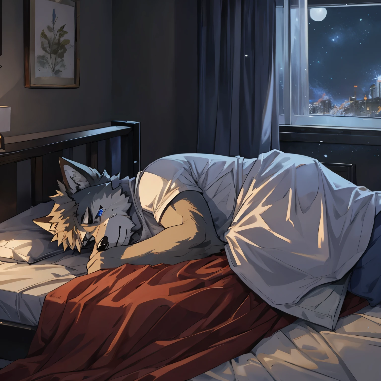 furry male, wolf species, depressed and is crying, at night, in bed at bedroom, sad, lonely