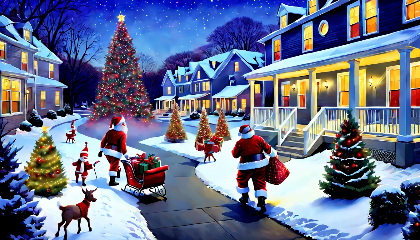 Santa Claus walk down the paths of a typical New Jersey residential complex, bring a Christmas gift, in the style of Detailed Brushwork, Luminous Color Palette, Masterful Composition, Realistic Lighting and Shadows, Varied Textural Effects, American Life, Small-Town Settings, Family and Community, Social Commentary, Holiday Celebrations, masterpiece, vector quality.